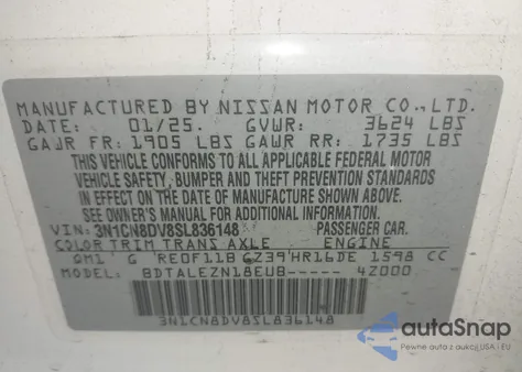 2025 Nissan Versa 1.6 S from USA, damaged, VIN 3N1CN8DV8SL836148